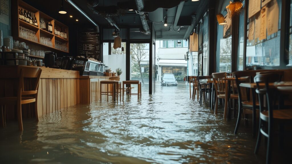 A flooded café interior with rising water, showing the hidden financial and emotional impact of flood damage